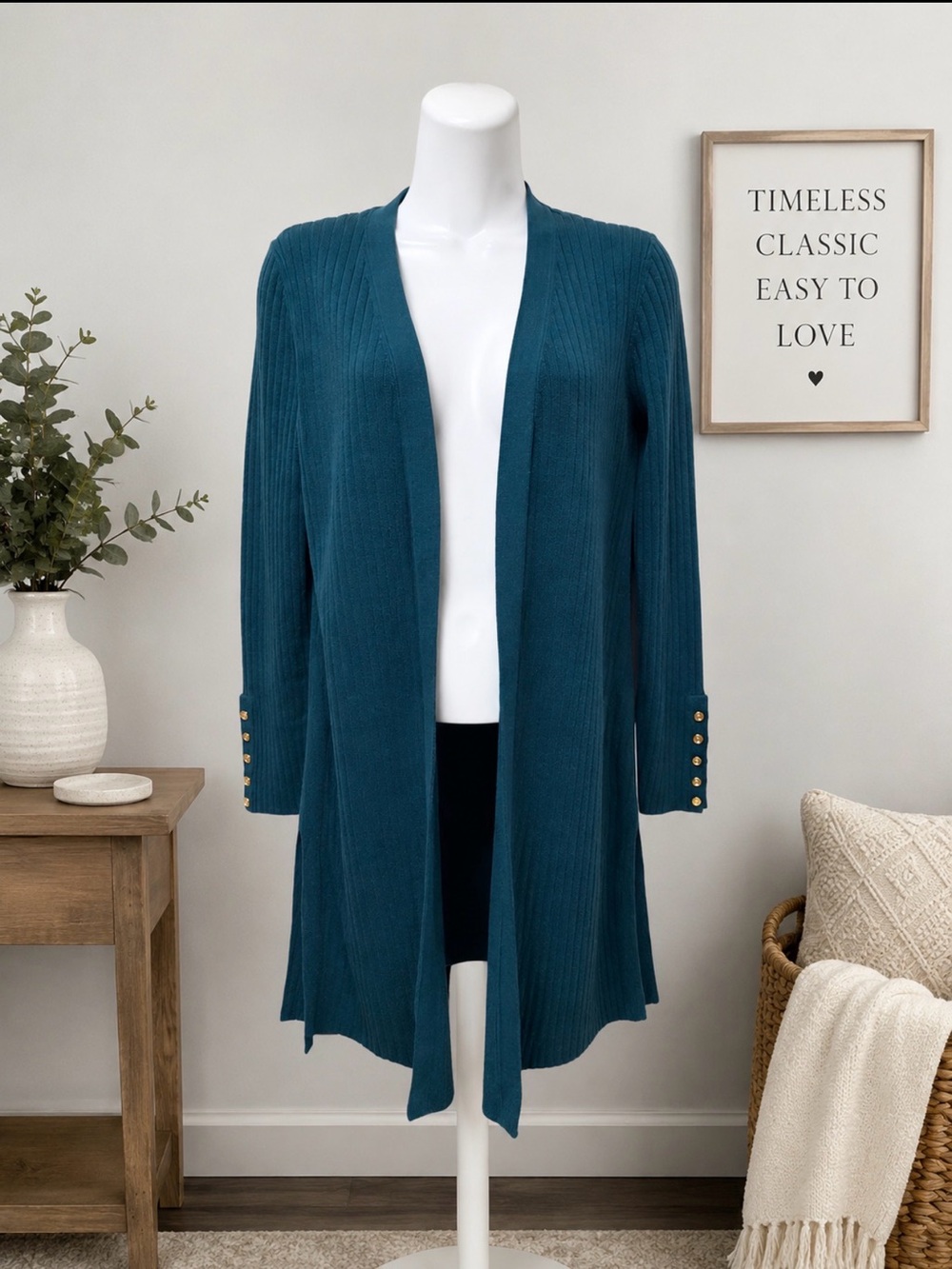 Talbots Teal Open-Front Ribbed Long  cotton blend Cardigan with Gold Buttons